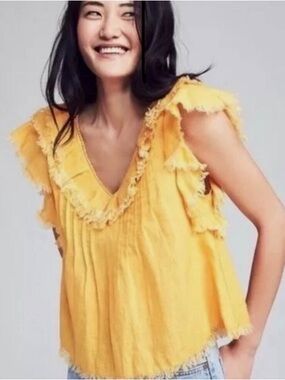Faherty Yosepha Marigold Linen Fringe Ruffle Blouse - Size Small